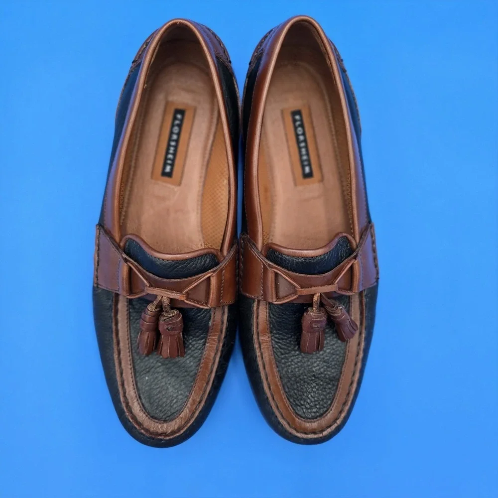 Florsheim Men Loafers Tassel Sz 10.D Leather Black Pebble-Grain Brown Trim Shoes
